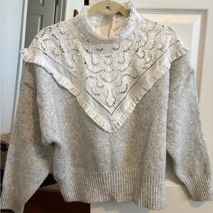 Zara Gray and White Lace Cowl Sweater